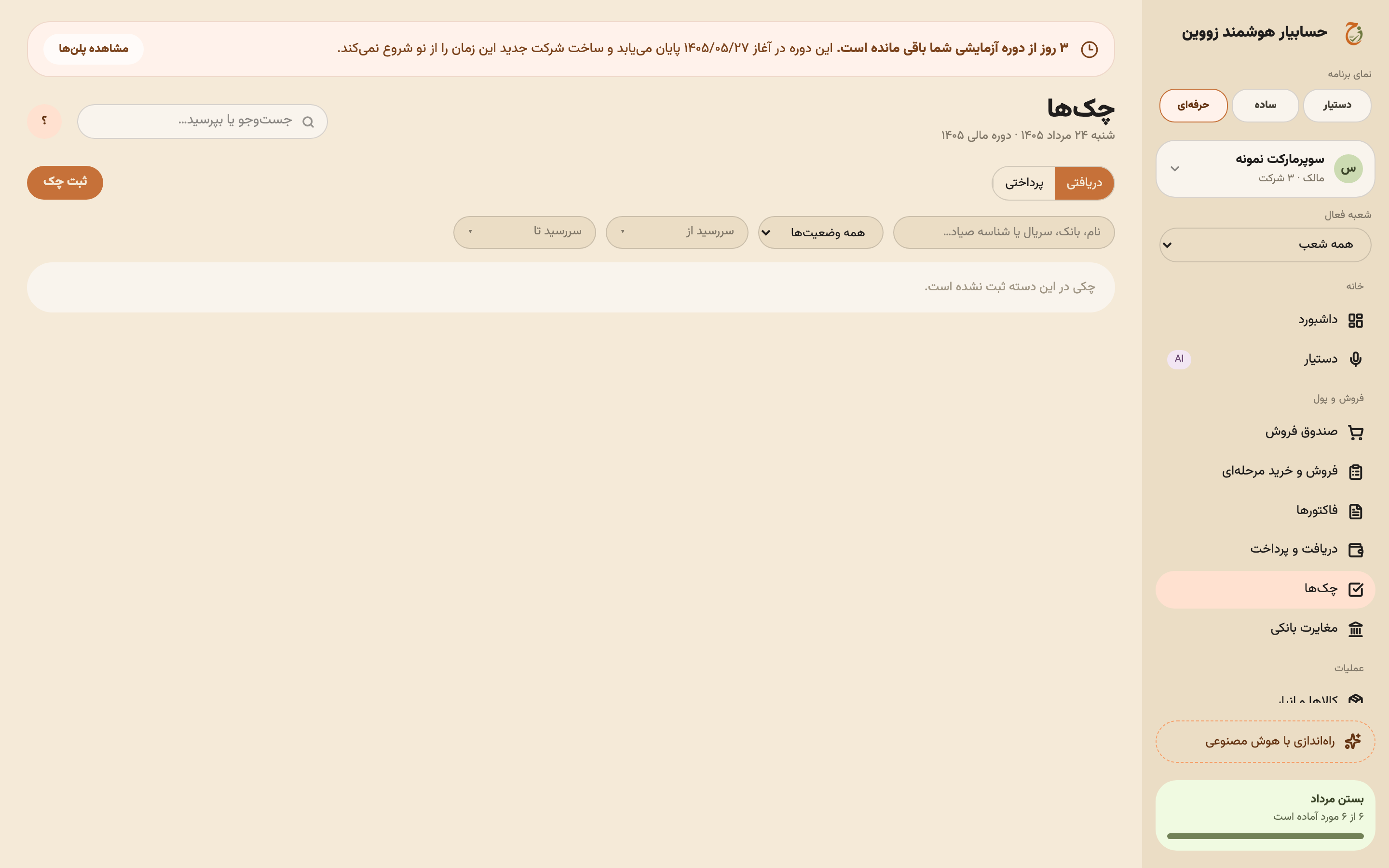 صفحهٔ چک‌ها با تب‌های دریافتی و پرداختی و فیلترهای سررسید