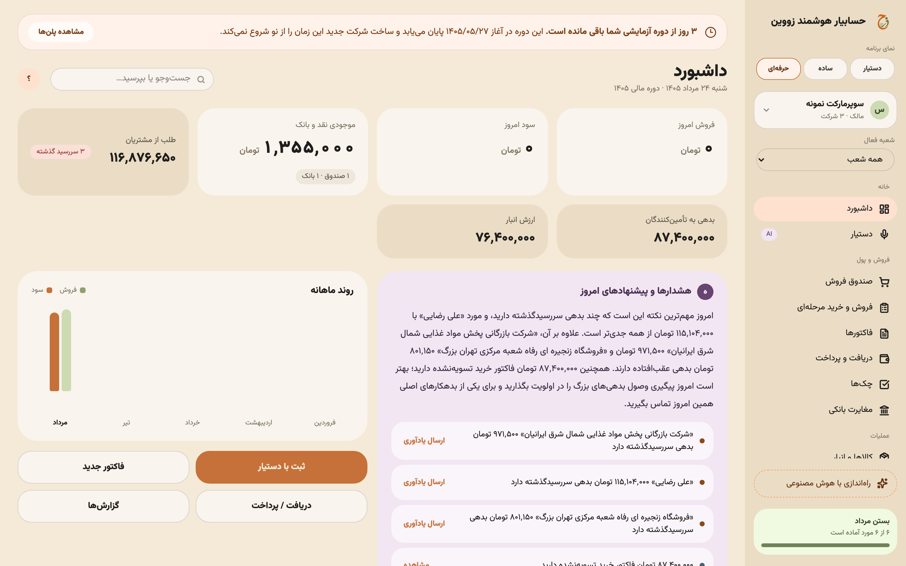 داشبورد حسابیار هوشمند زووین