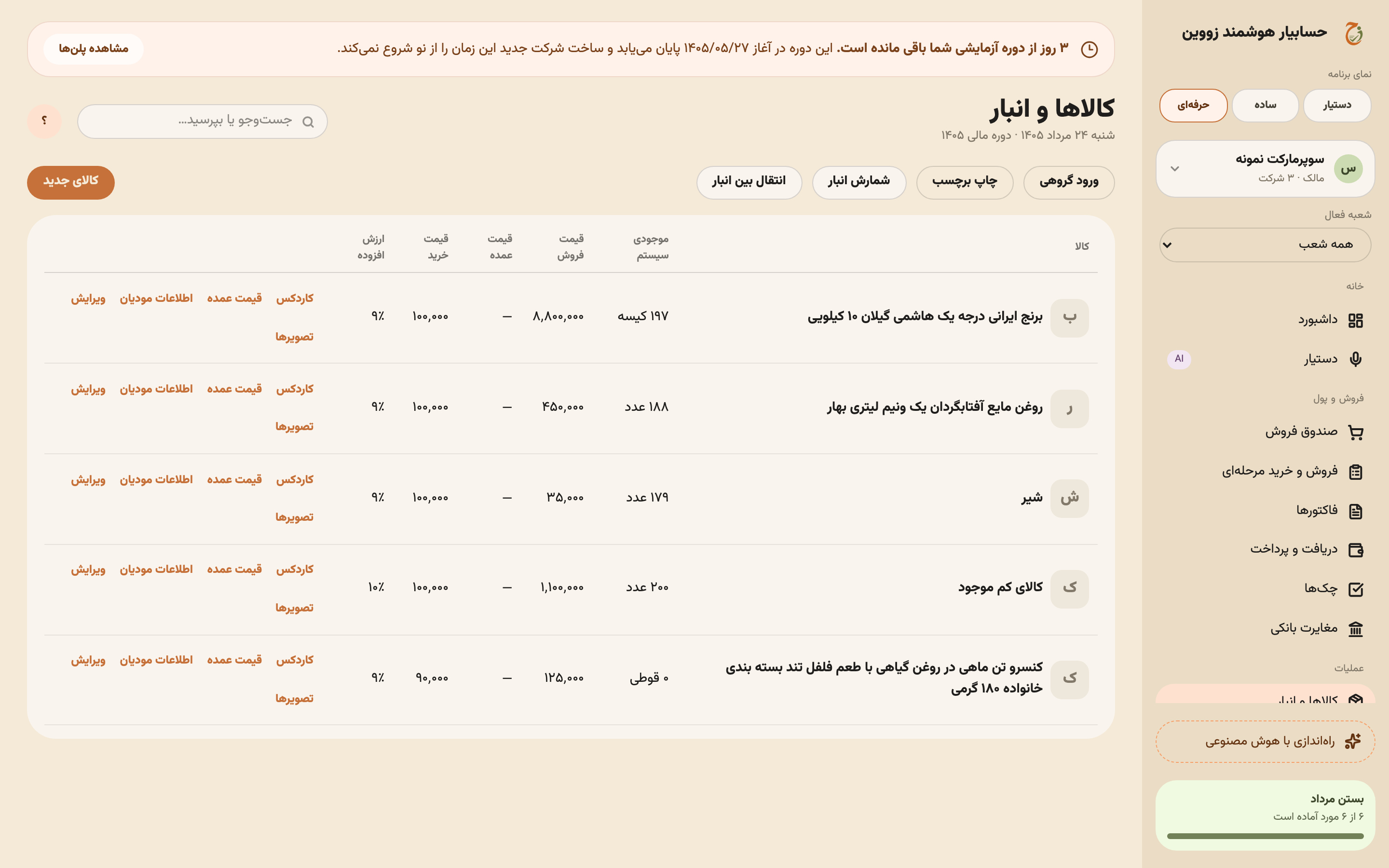 فهرست کالاها